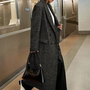 Black And White Casual Women's Double-Breasted Trench Coat